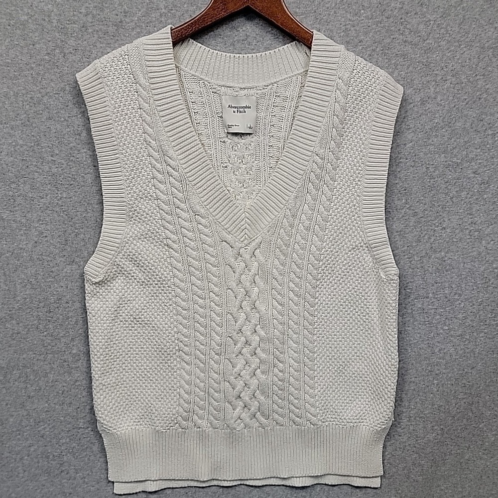 ABERCROMBIE & FITCH Women's Sz Large‎ White Cable V-neck Sweater Vest Preppy EUC